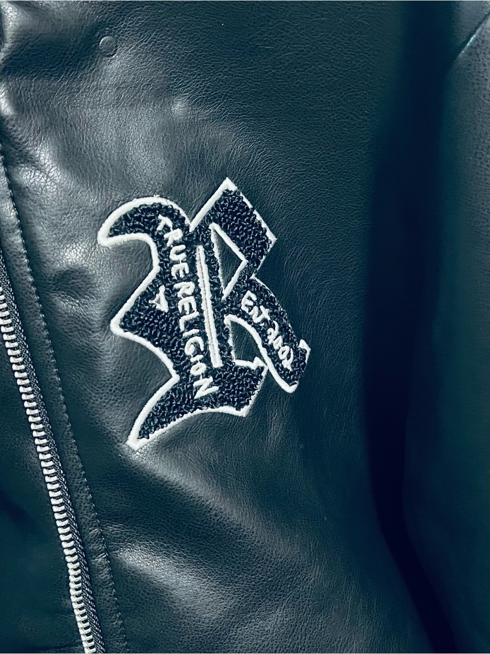 True Religion Black Leather Bomber Jacket with Embroidered Crest